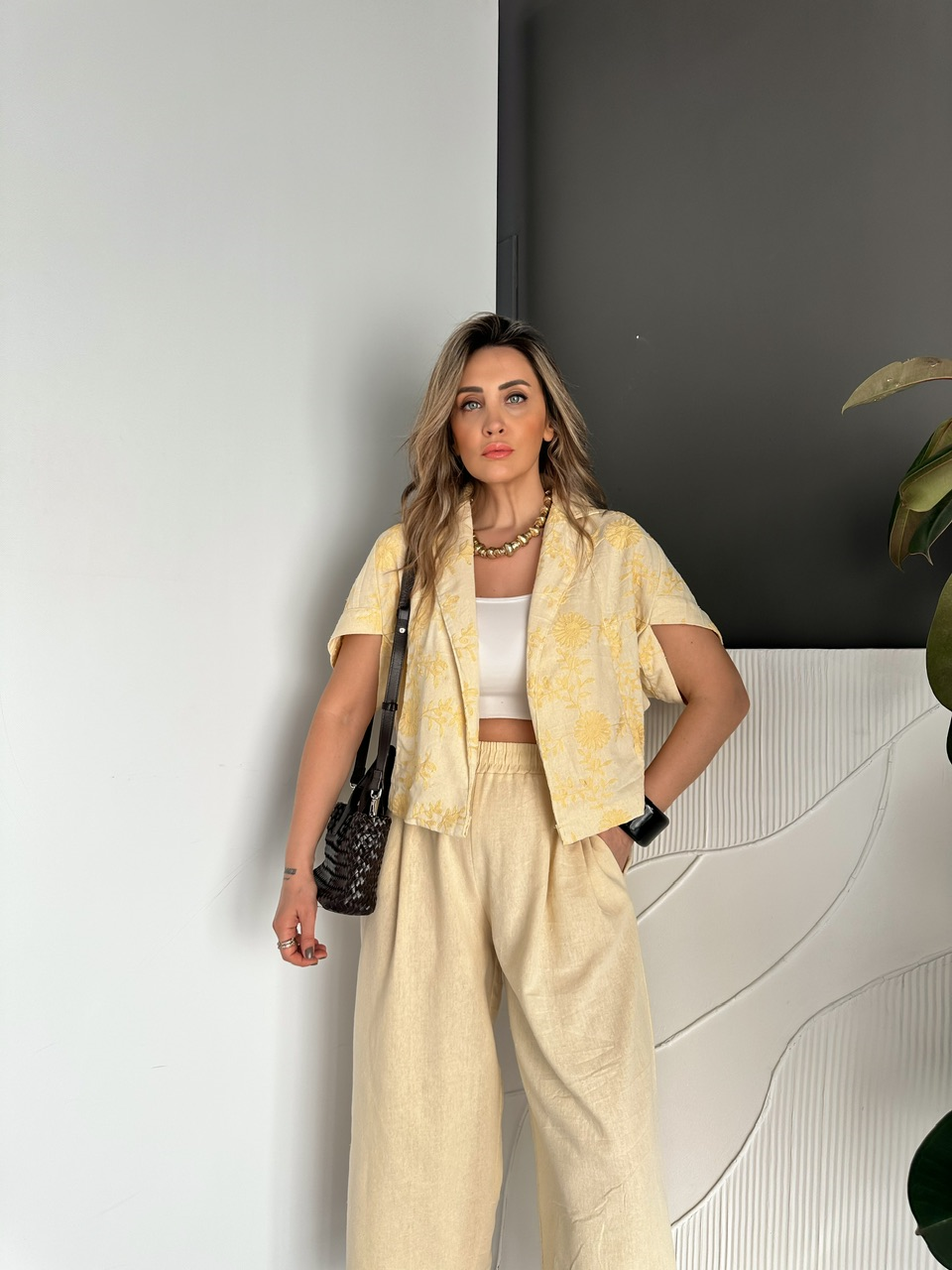 Naturel Sarı Nakışlı Premium Takım