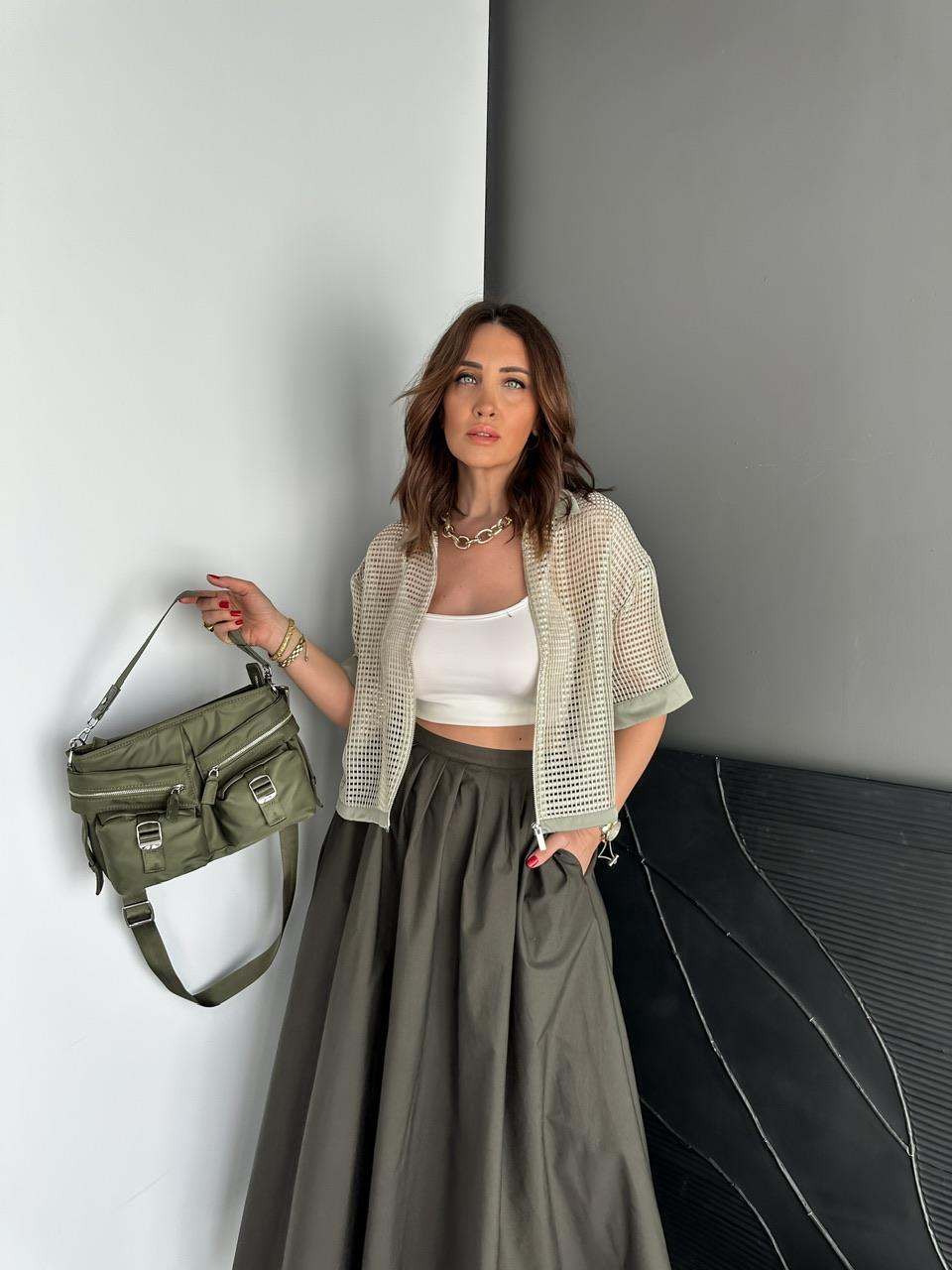 Naturel Yeşil Beli Büzülebilir File Ceket