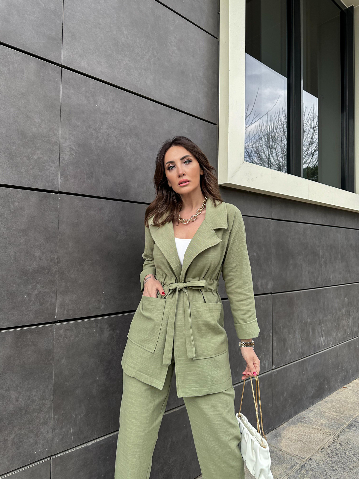 Naturel Yeşil Beli Kuşaklı Keten Şık Takım