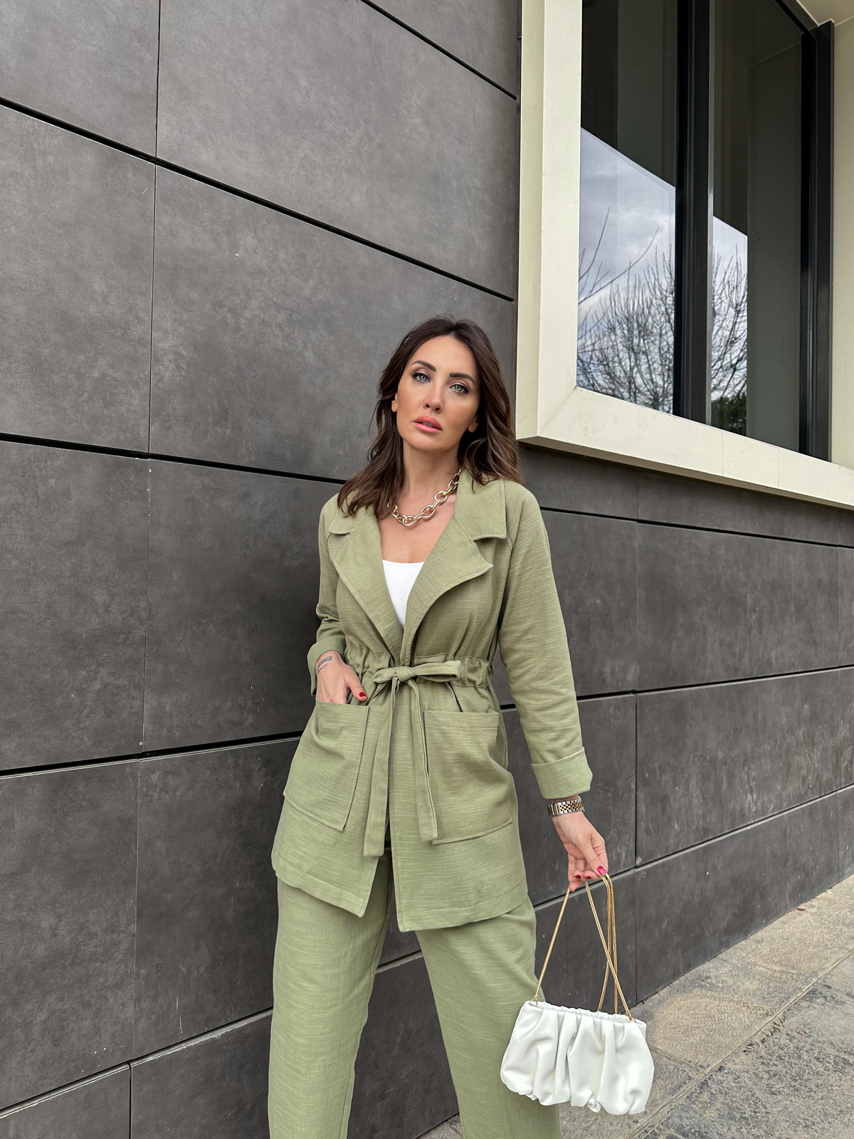 Naturel Yeşil Beli Kuşaklı Keten Şık Takım