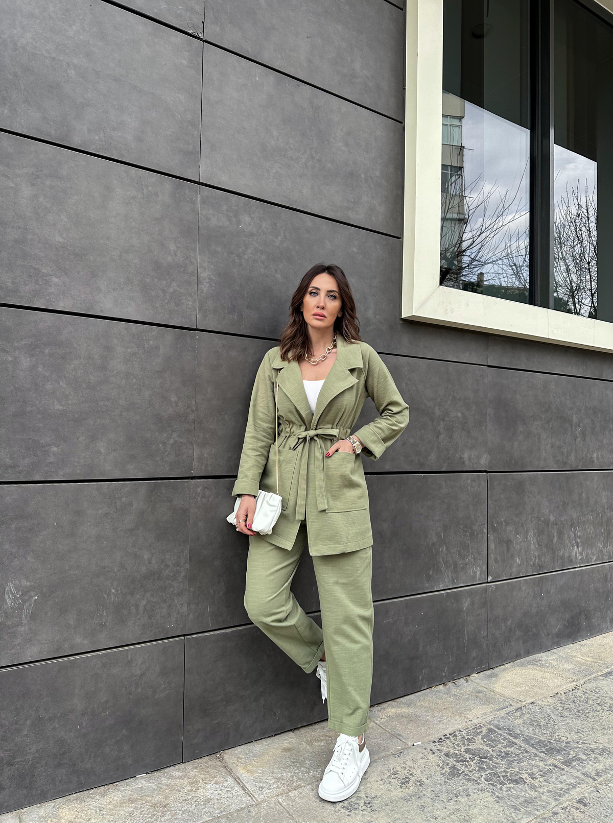 Naturel Yeşil Beli Kuşaklı Keten Şık Takım