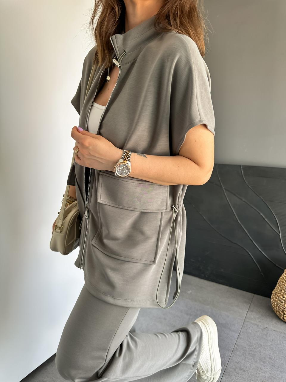 Naturel Yeşil Beli Lastikli Yelekli Modal Takım