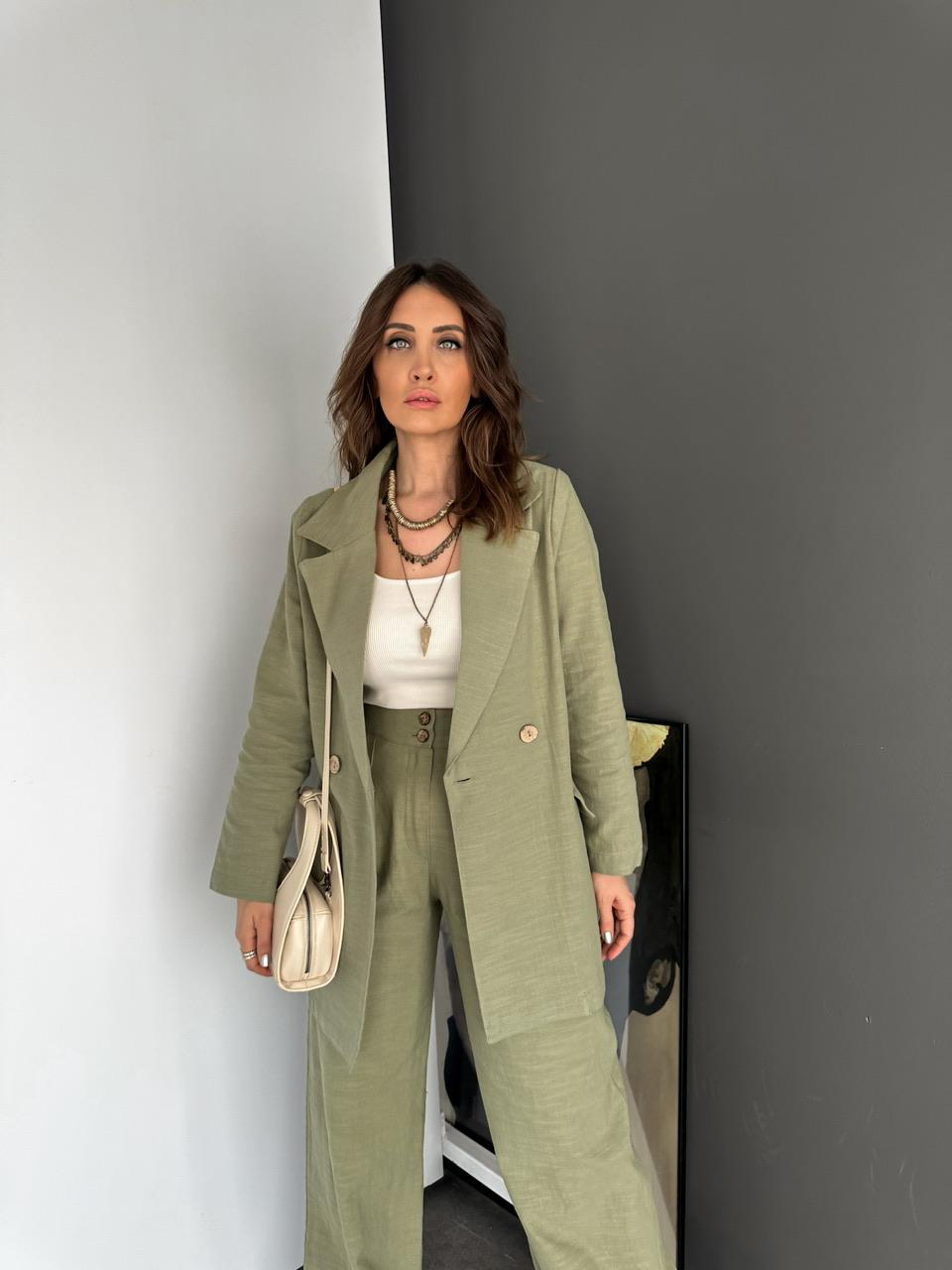 Naturel Yeşil Ceket Pantolon Keten Şık Takım