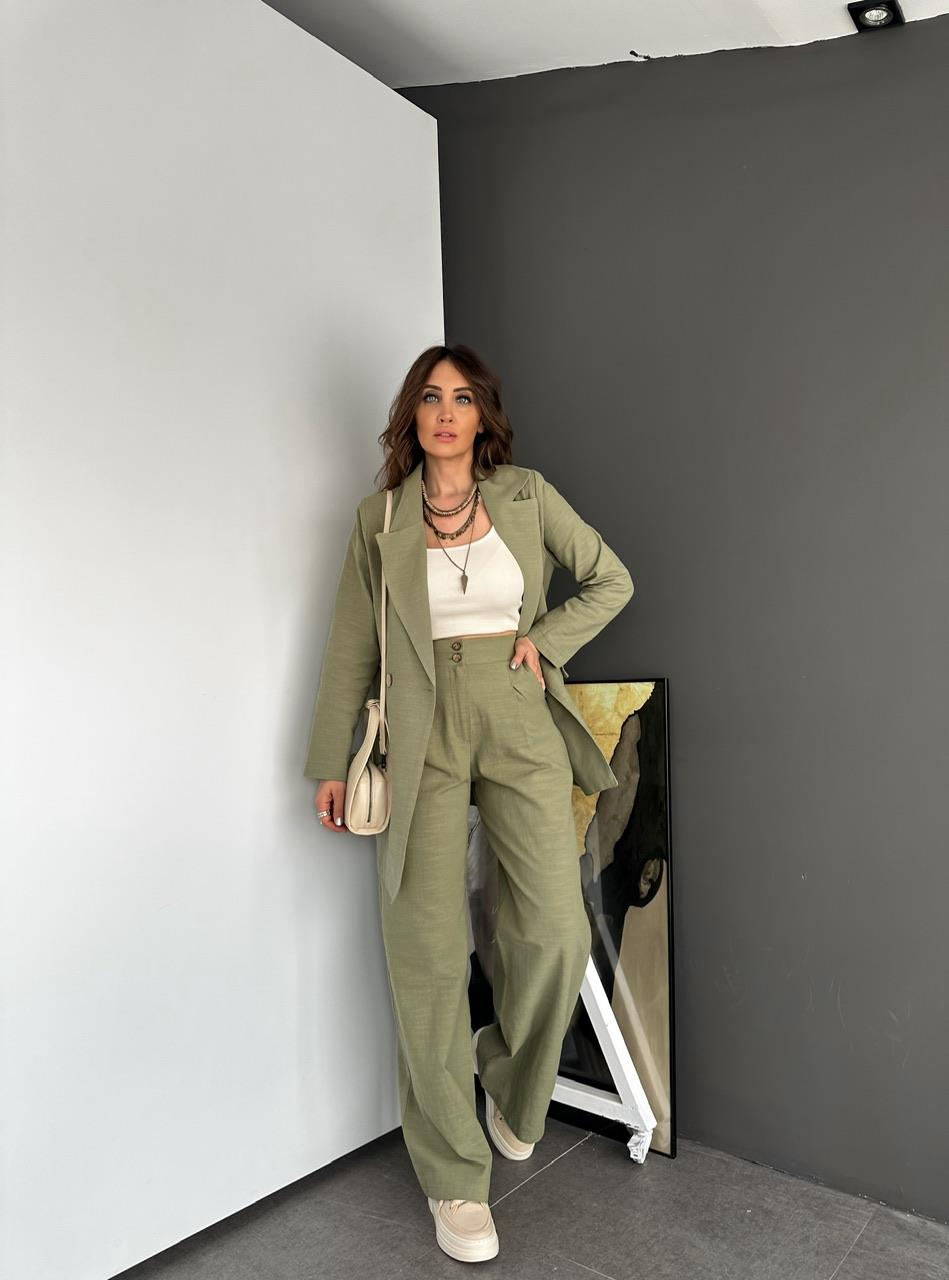 Naturel Yeşil Ceket Pantolon Keten Şık Takım