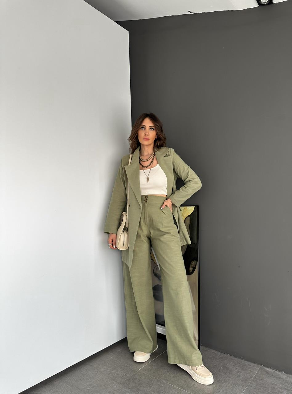 Naturel Yeşil Ceket Pantolon Keten Şık Takım