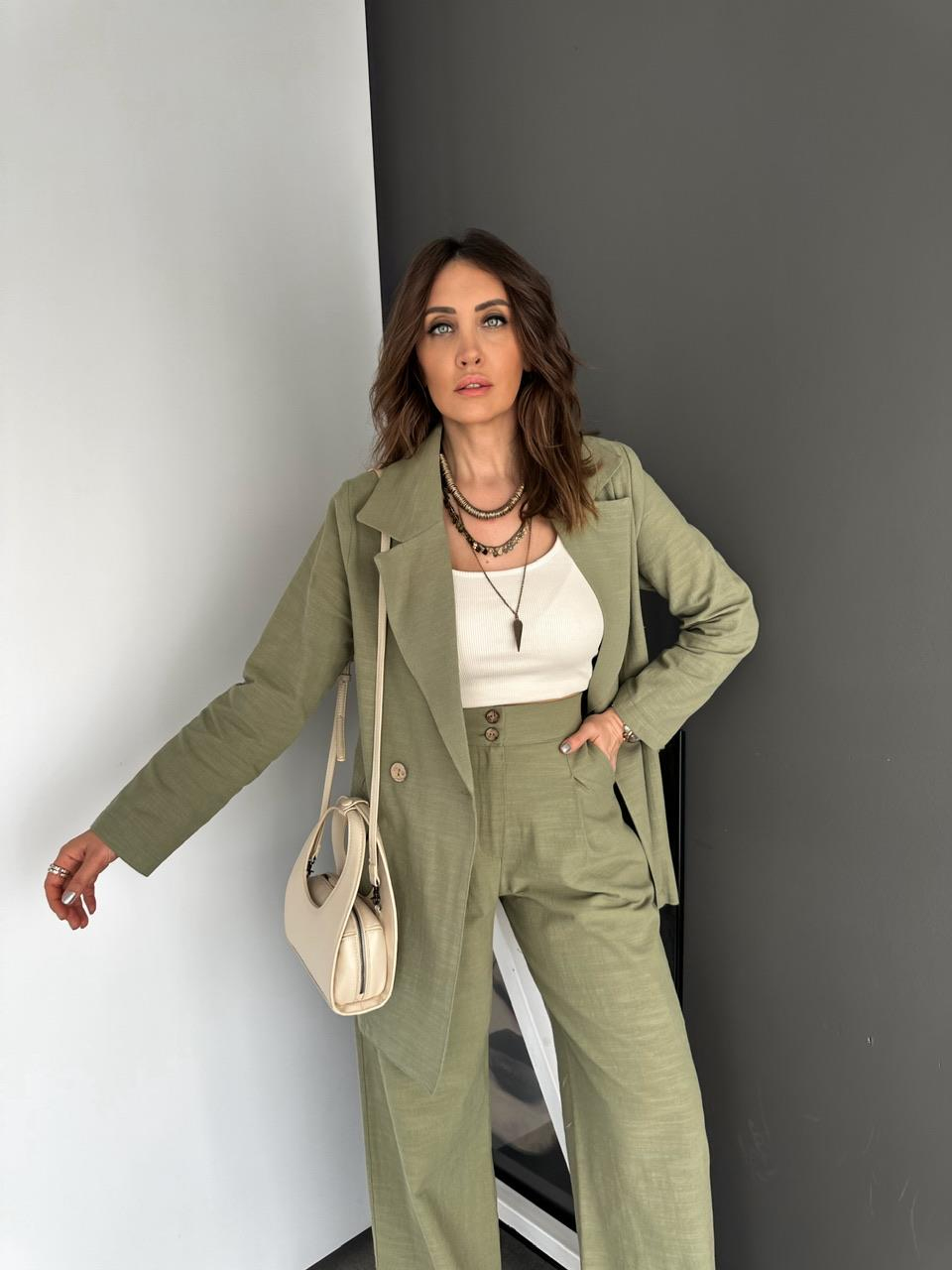 Naturel Yeşil Ceket Pantolon Keten Şık Takım