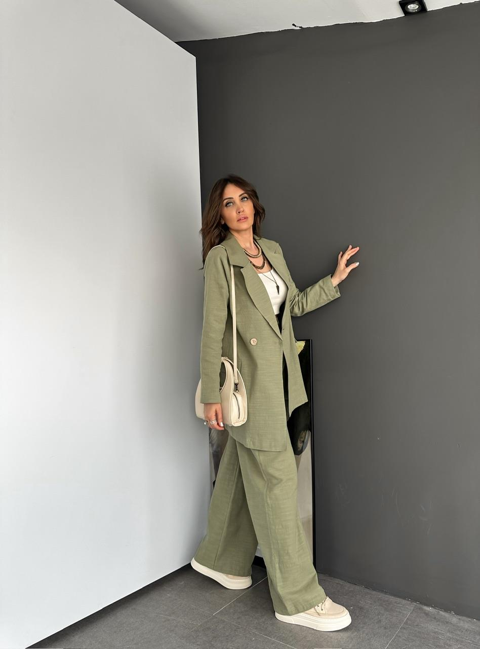 Naturel Yeşil Ceket Pantolon Keten Şık Takım