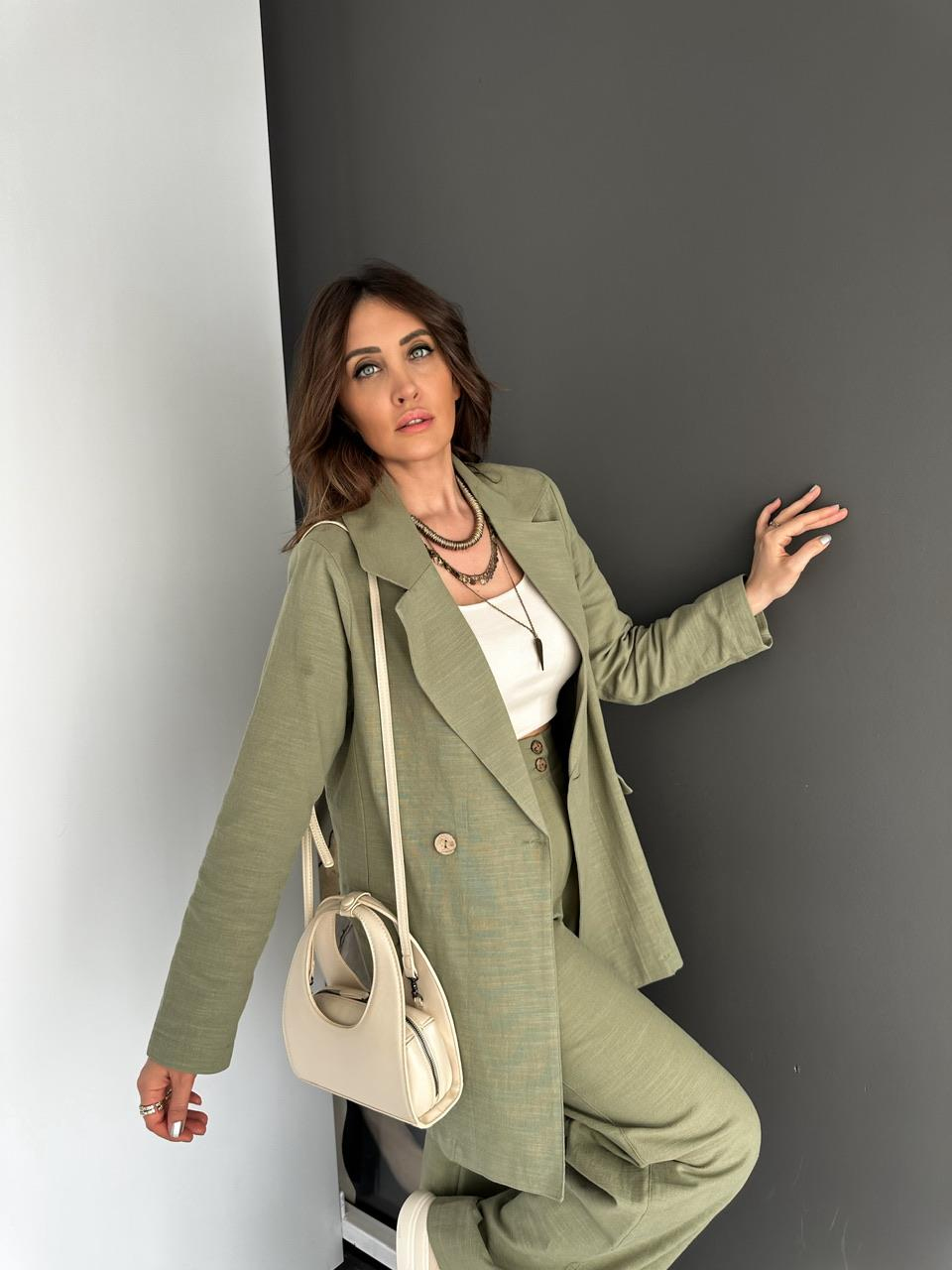 Naturel Yeşil Ceket Pantolon Keten Şık Takım