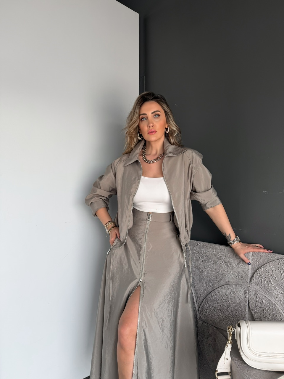 Naturel Yeşil Eteği Fermuarlı Premium Takım