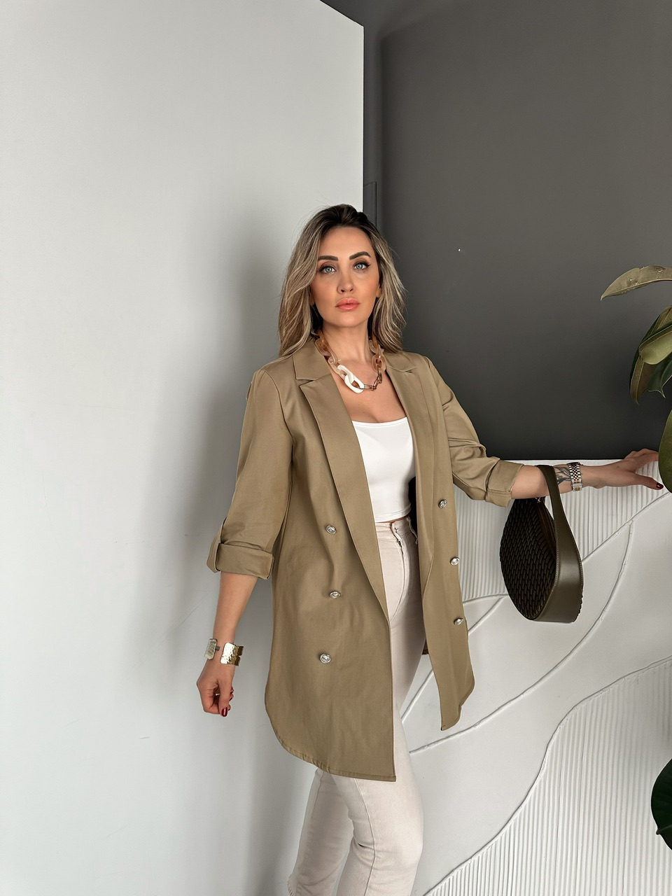 Naturel Yeşil Manşetli Cotton Blazer Ceket