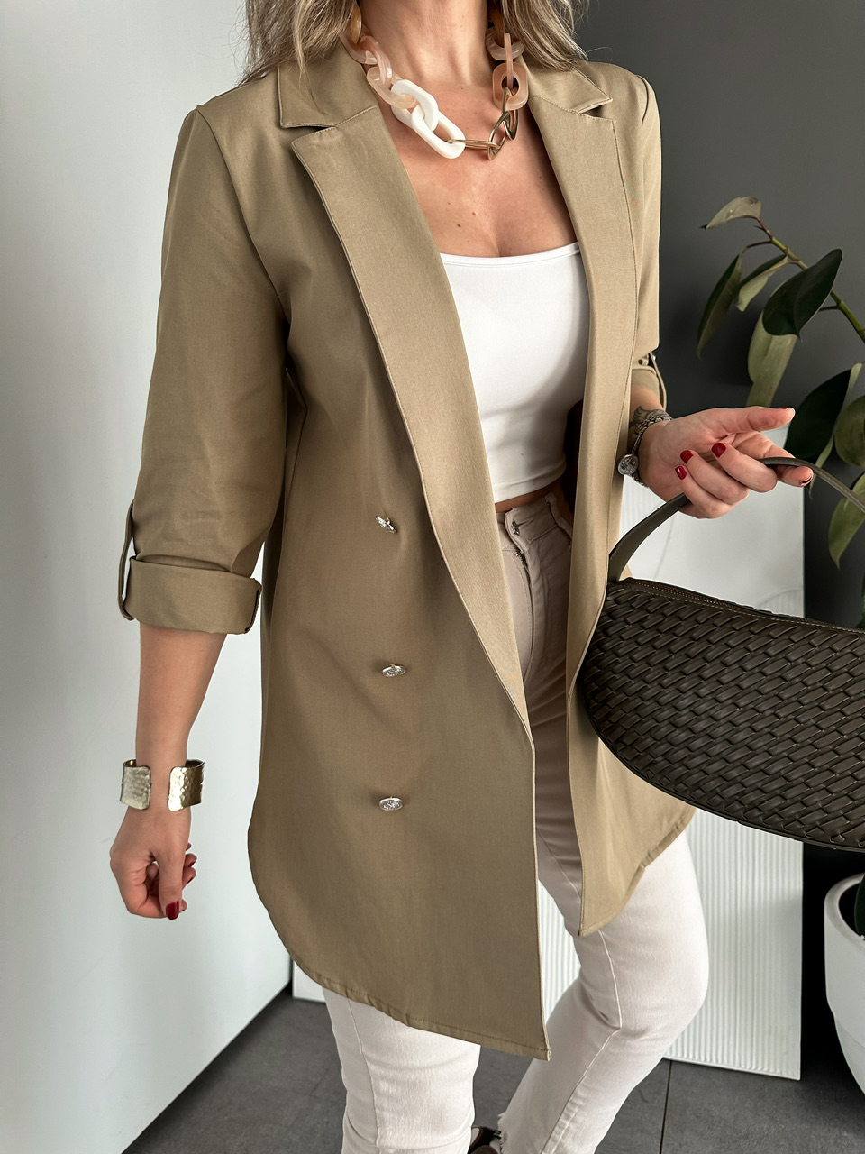 Naturel Yeşil Manşetli Cotton Blazer Ceket
