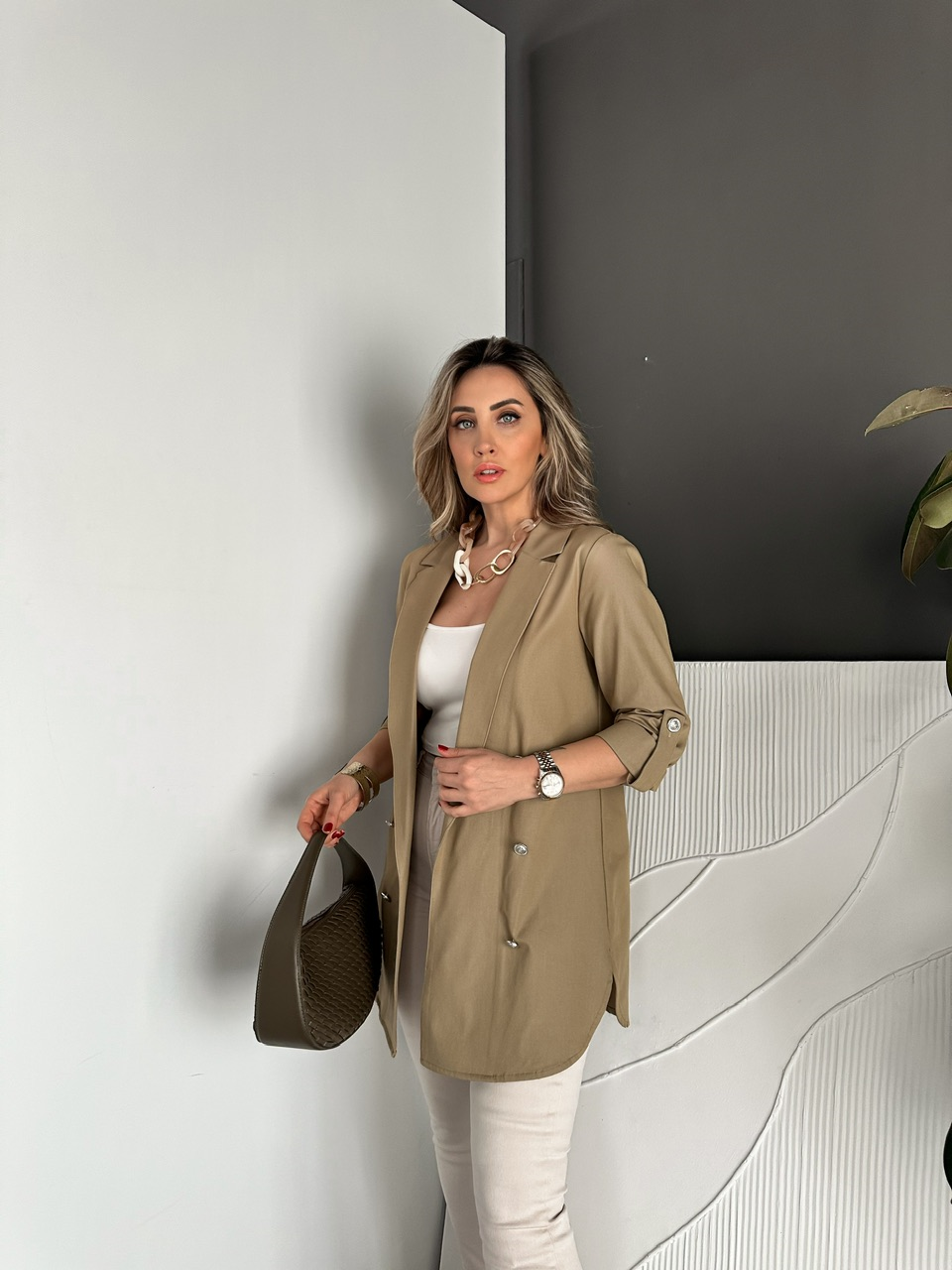 Naturel Yeşil Manşetli Cotton Blazer Ceket