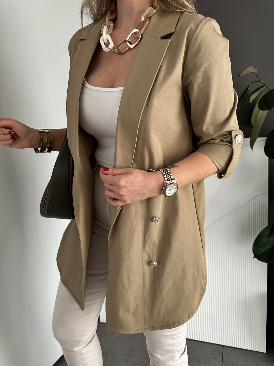 Naturel Yeşil Manşetli Cotton Blazer Ceket