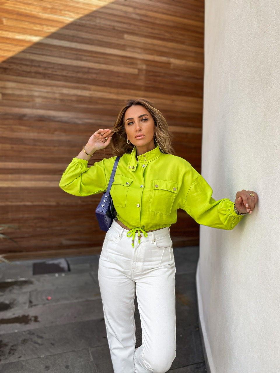 Neon Yeşil Çıtçıtlı Beli İpli Ceket