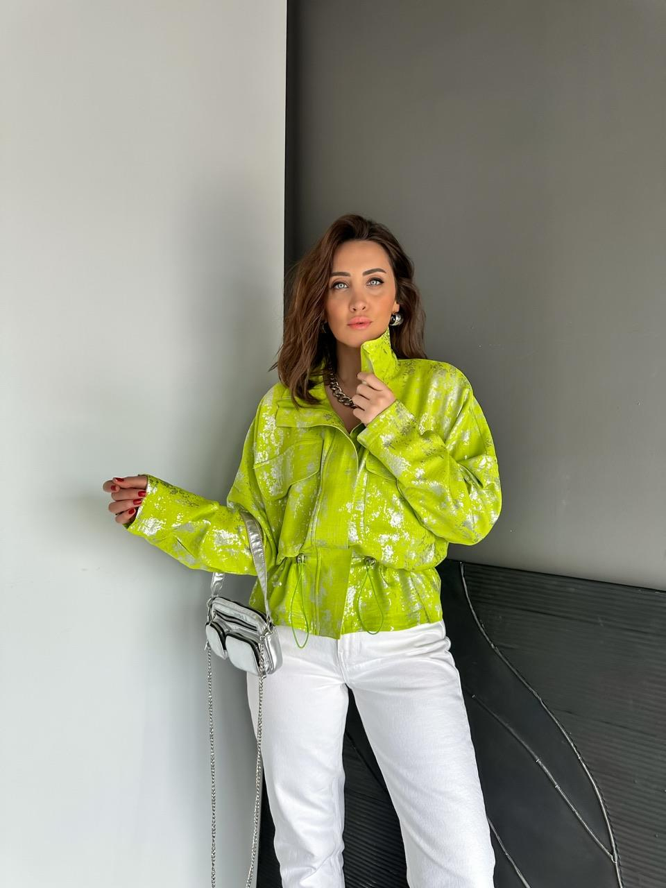 Neon Yeşil Parlak Dokulu Büzgülü Ceket