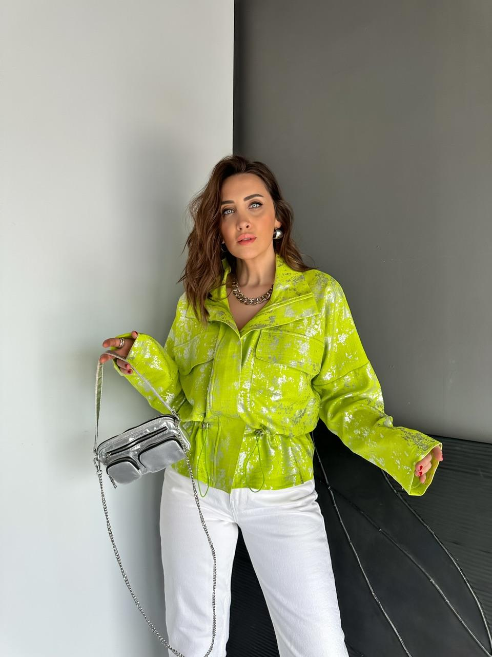 Neon Yeşil Parlak Dokulu Büzgülü Ceket