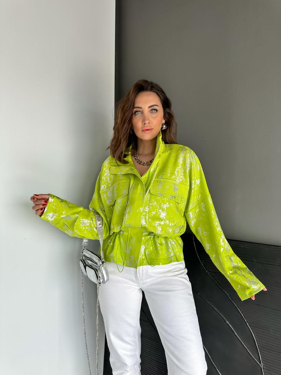 Neon Yeşil Parlak Dokulu Büzgülü Ceket