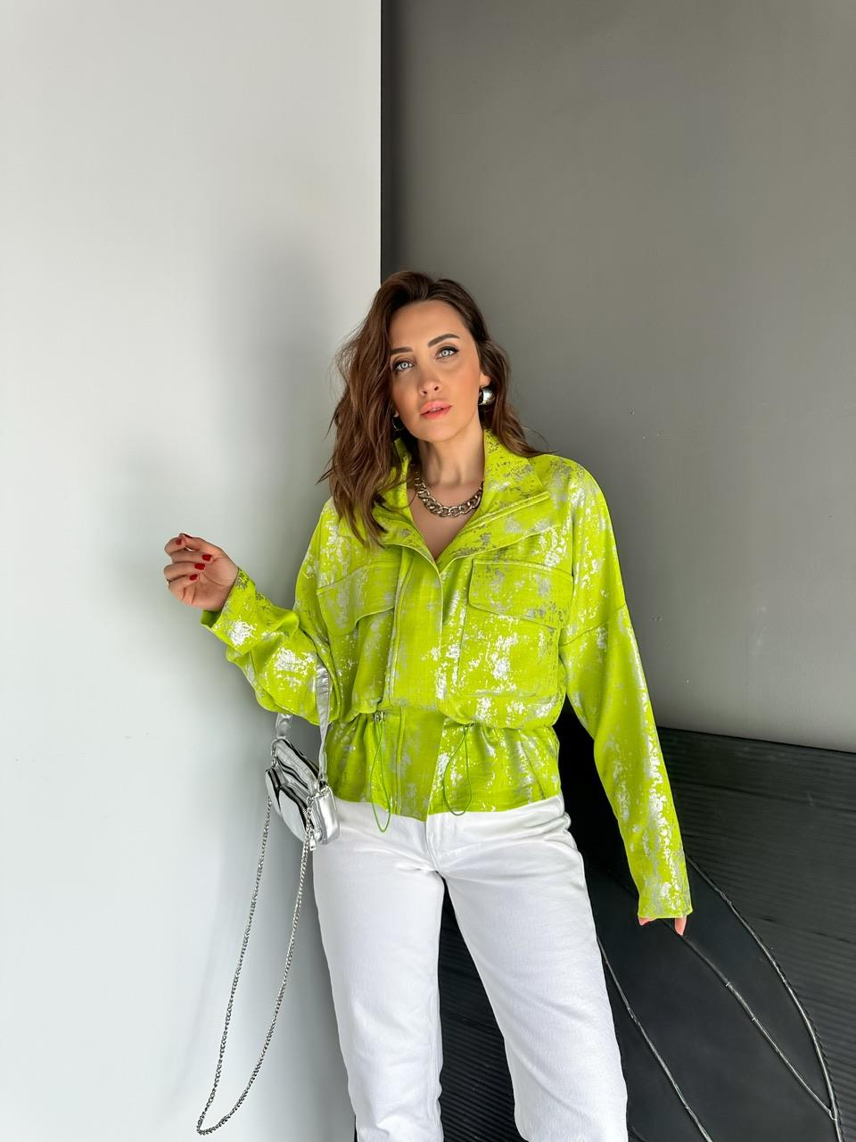 Neon Yeşil Parlak Dokulu Büzgülü Ceket