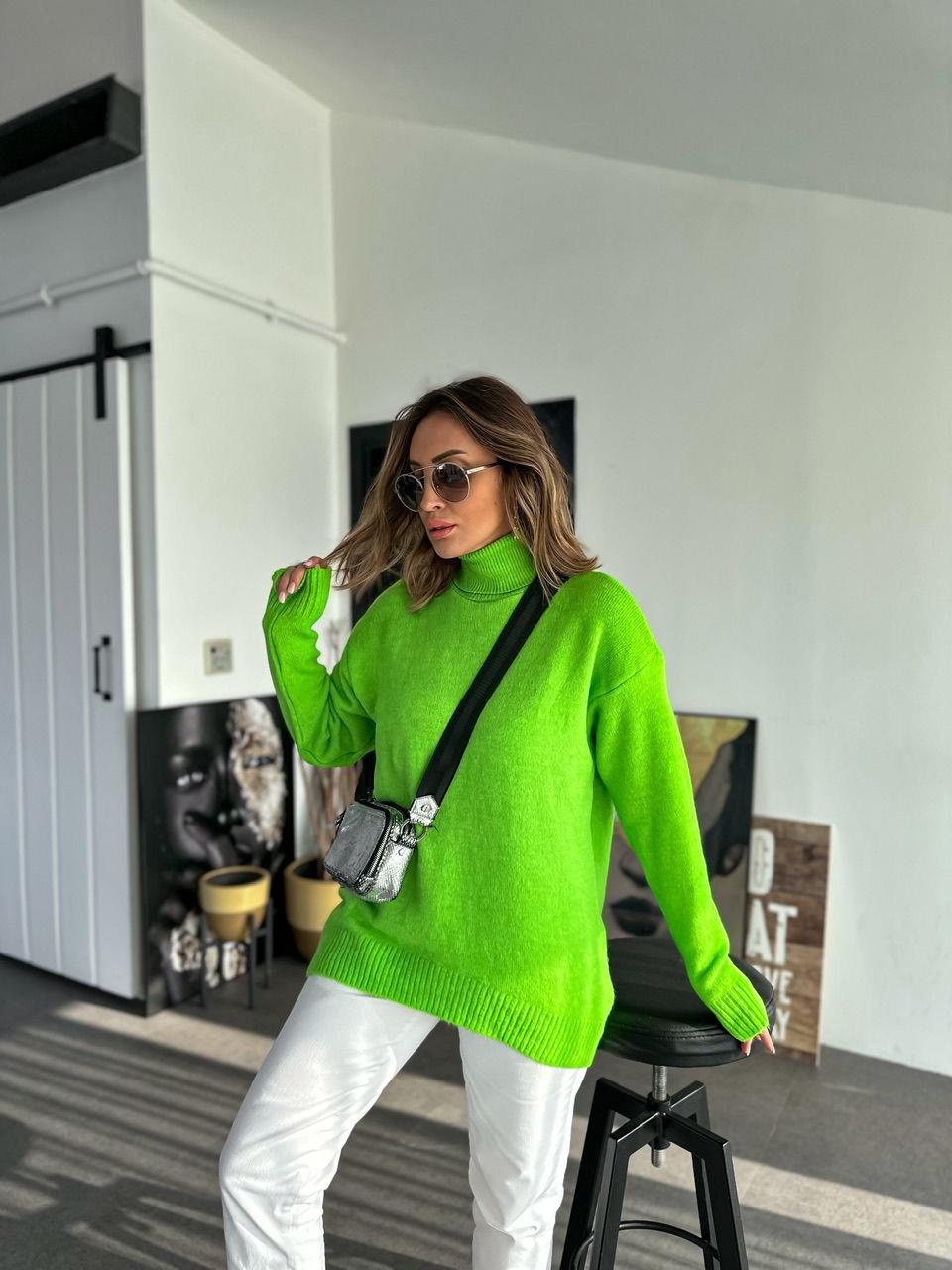 Neon Yeşili Boğazlı Salaş Kazak