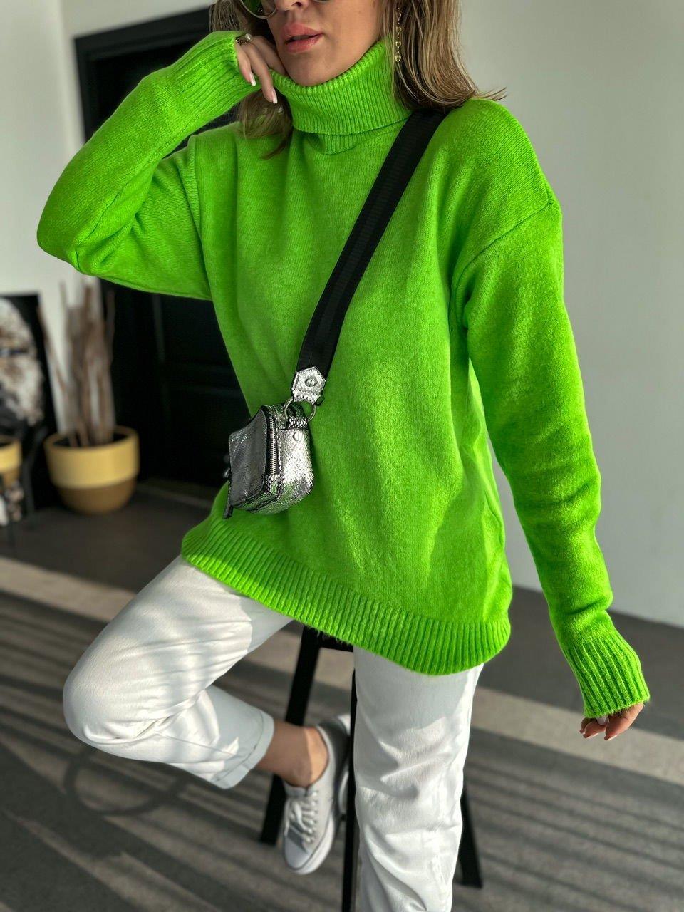 Neon Yeşili Boğazlı Salaş Kazak