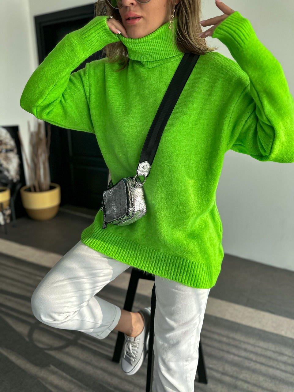 Neon Yeşili Boğazlı Salaş Kazak