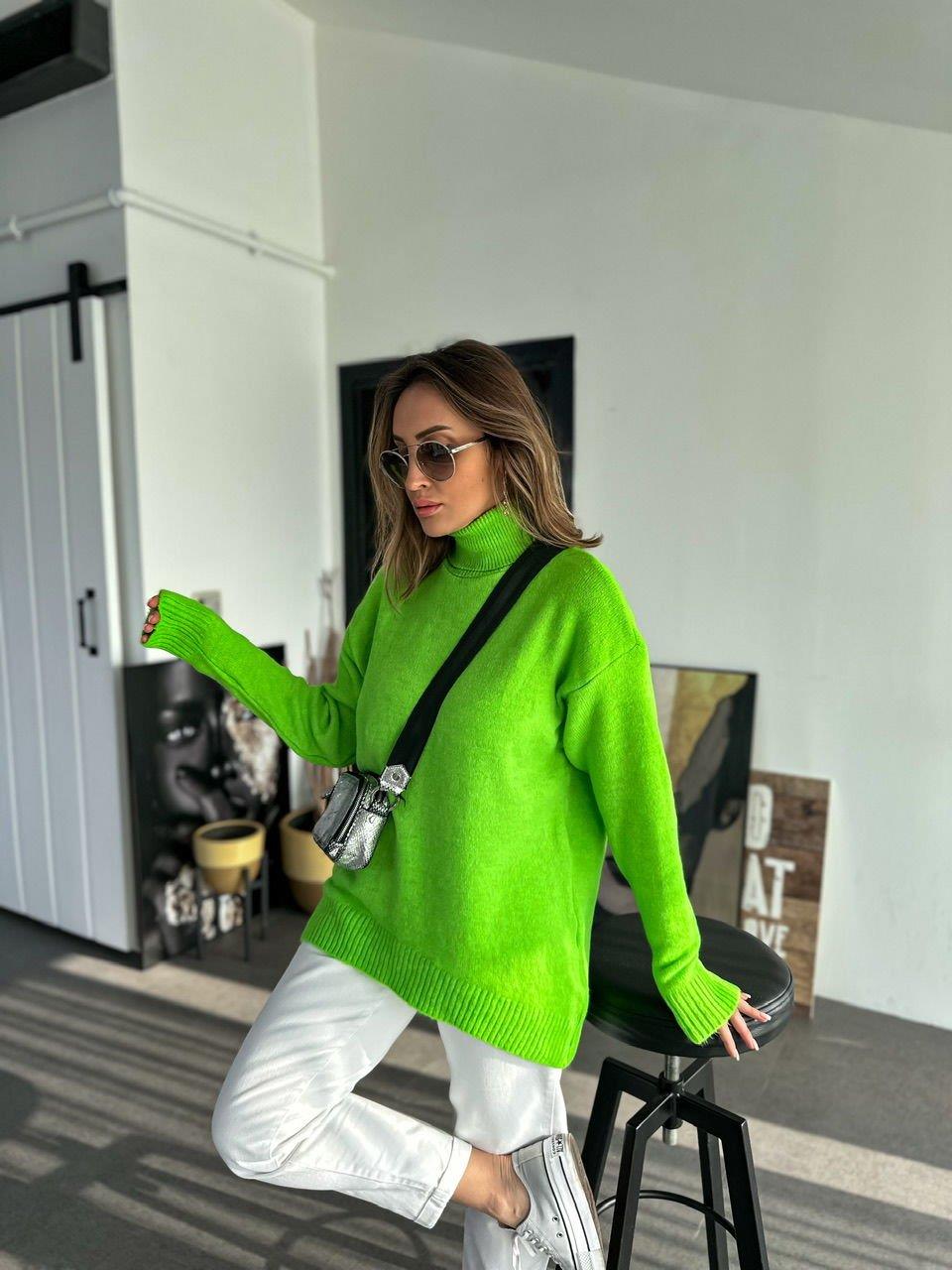 Neon Yeşili Boğazlı Salaş Kazak