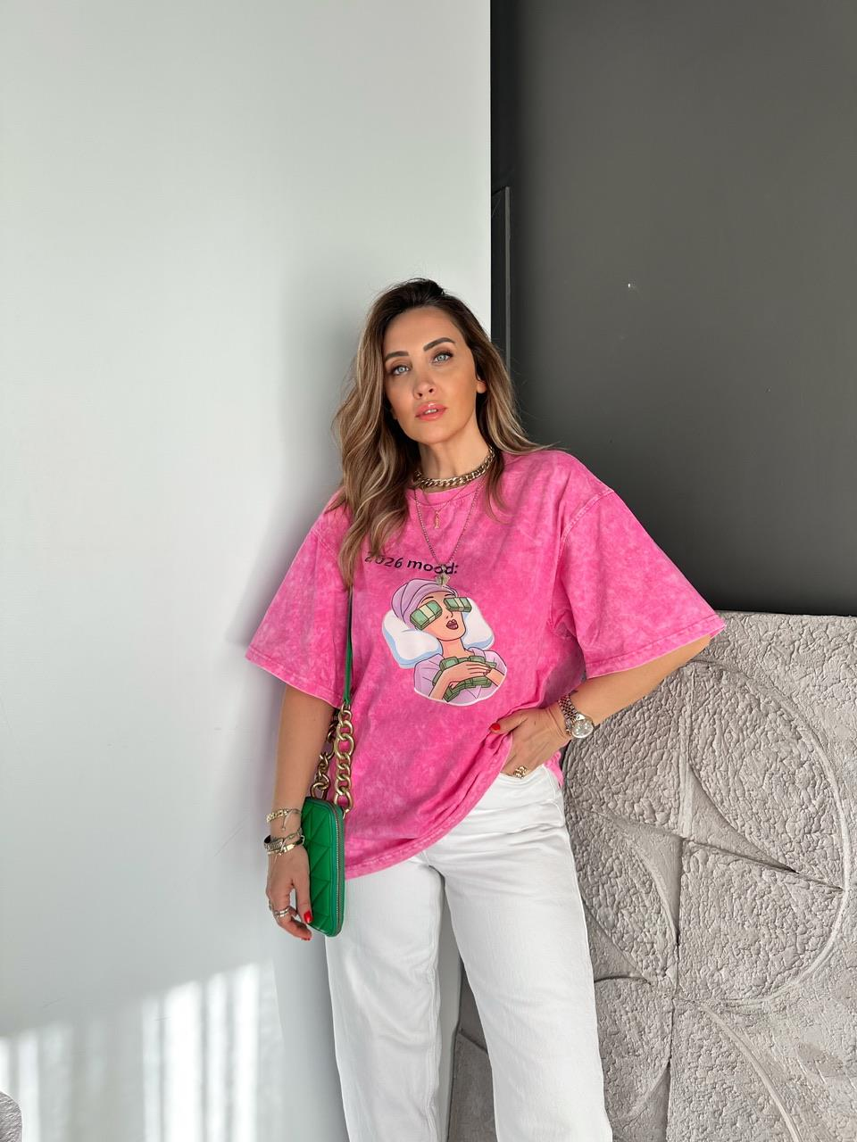Pembe 2026 Mood Yıkamalı Tshirt