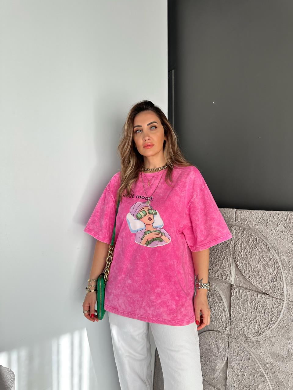 Pembe 2026 Mood Yıkamalı Tshirt