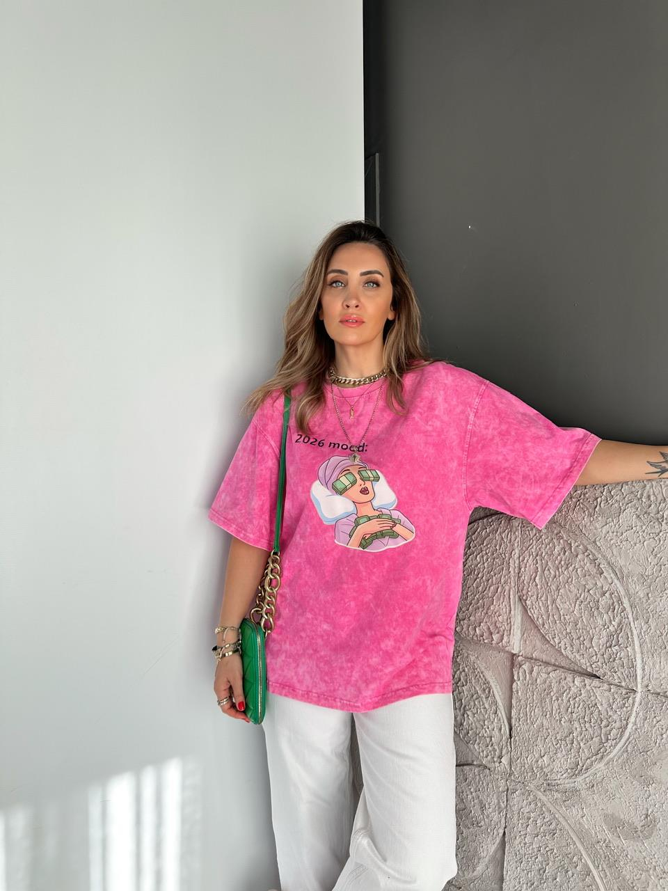 Pembe 2026 Mood Yıkamalı Tshirt