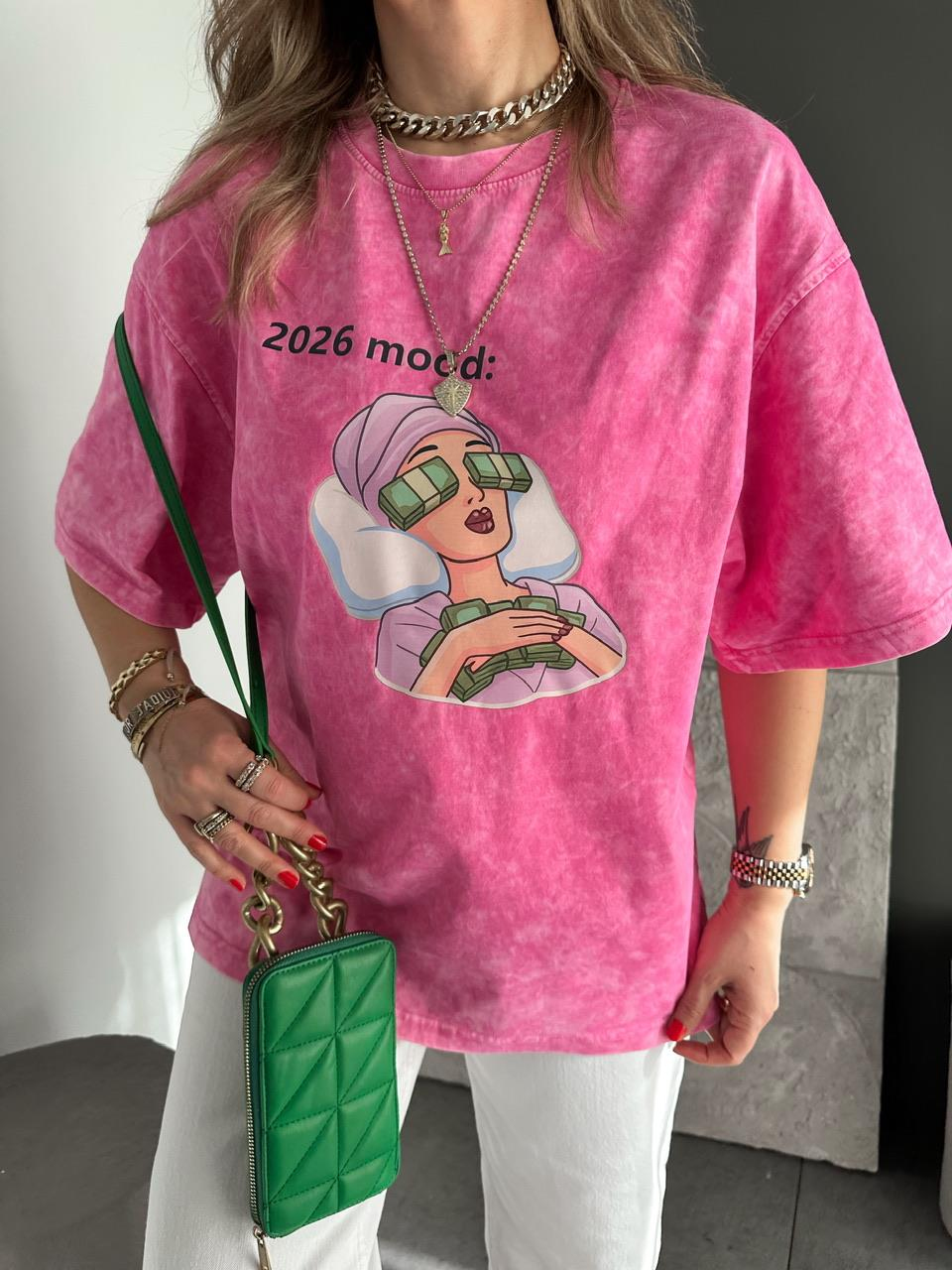 Pembe 2026 Mood Yıkamalı Tshirt
