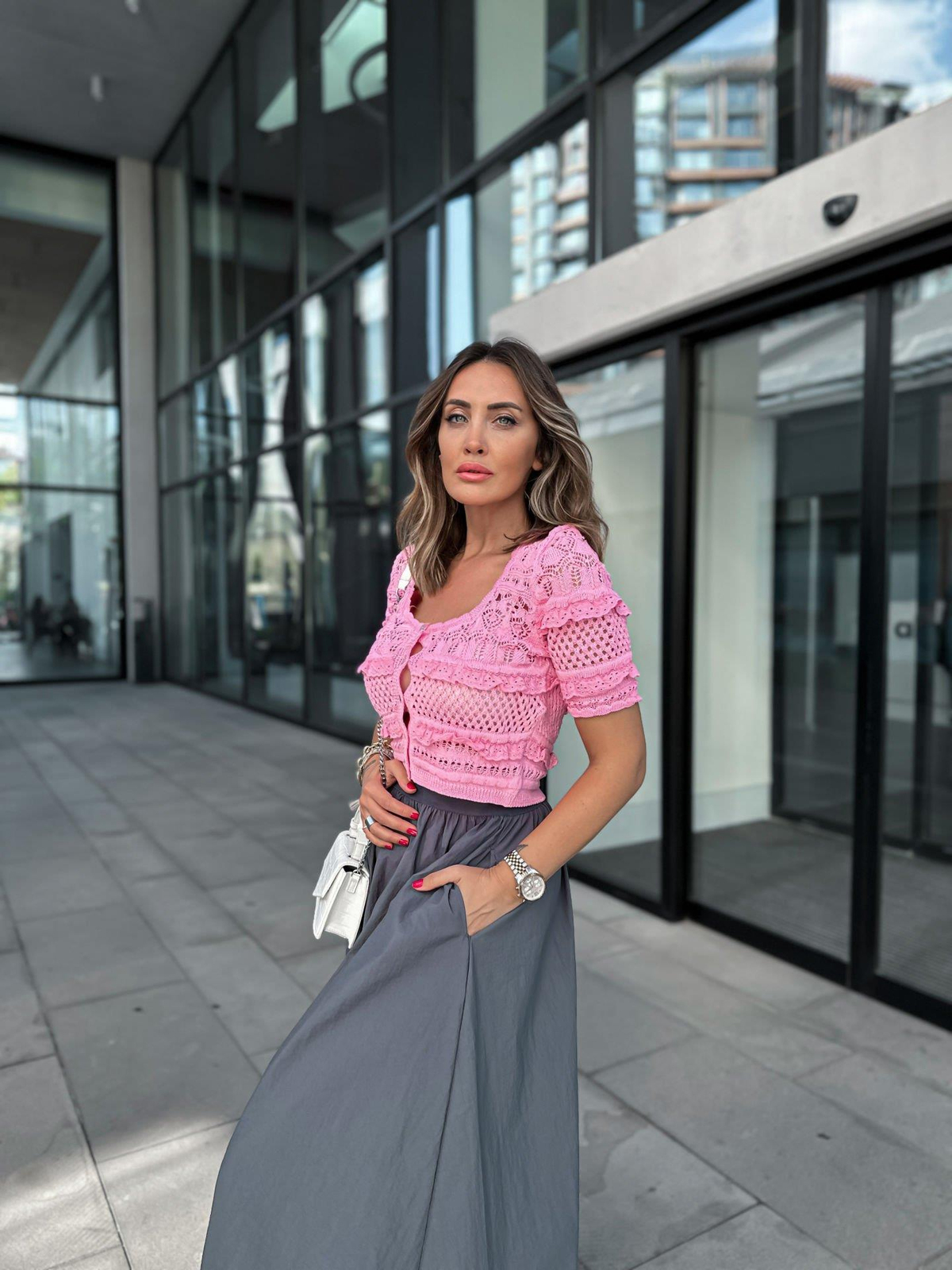 Pembe Ajurlu Kısa Kollu Hırka