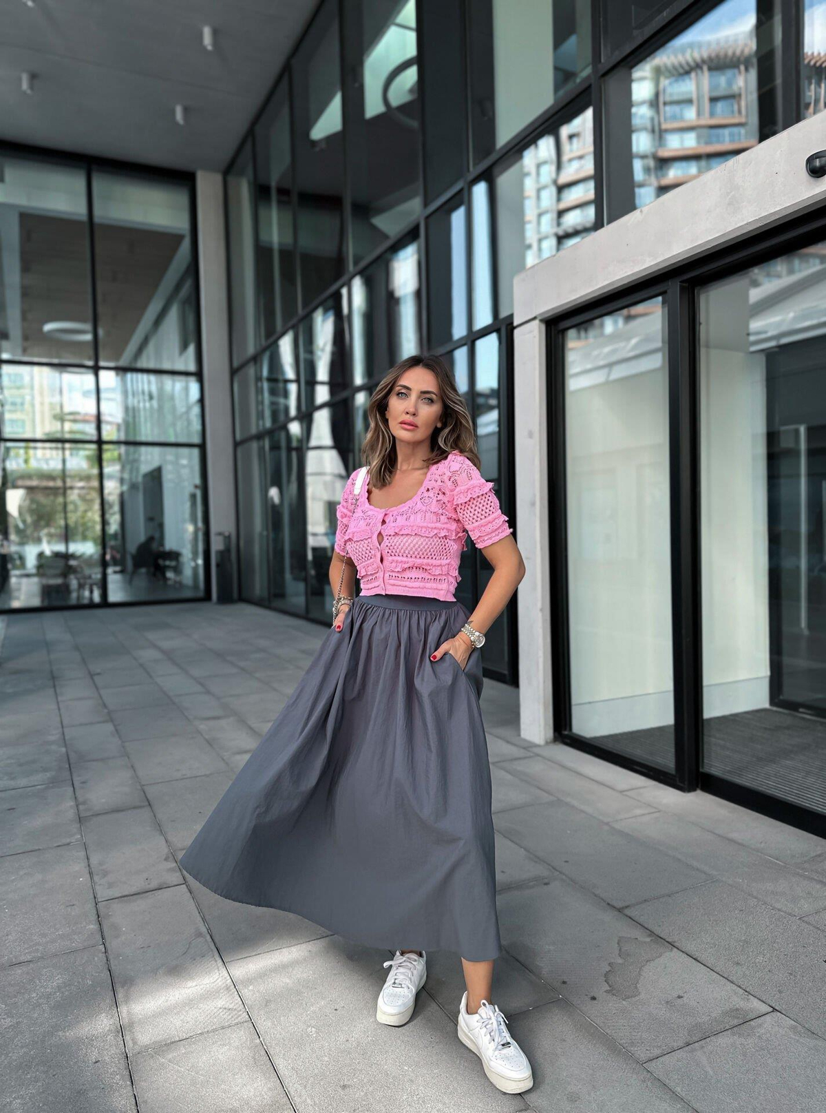 Pembe Ajurlu Kısa Kollu Hırka