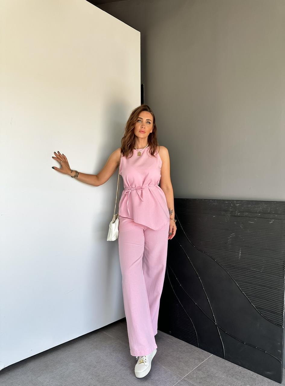 Pembe Asimetrik Bluzlu Keten Takım