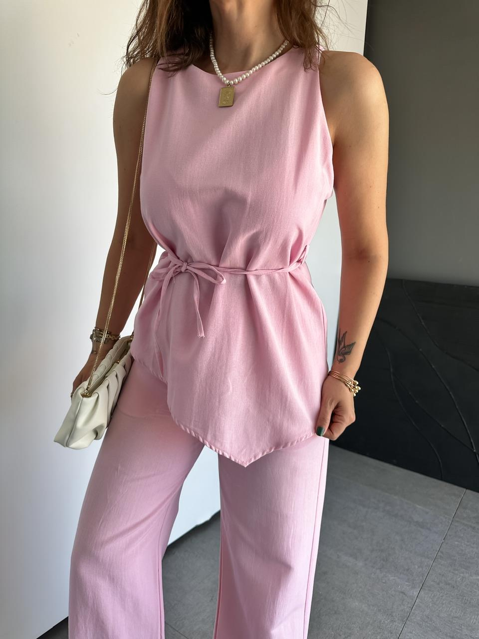 Pembe Asimetrik Bluzlu Keten Takım