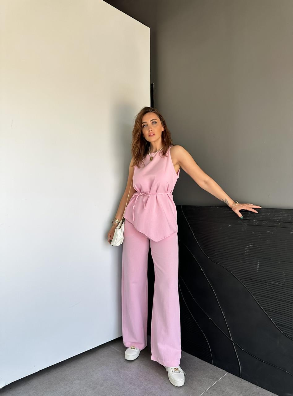 Pembe Asimetrik Bluzlu Keten Takım