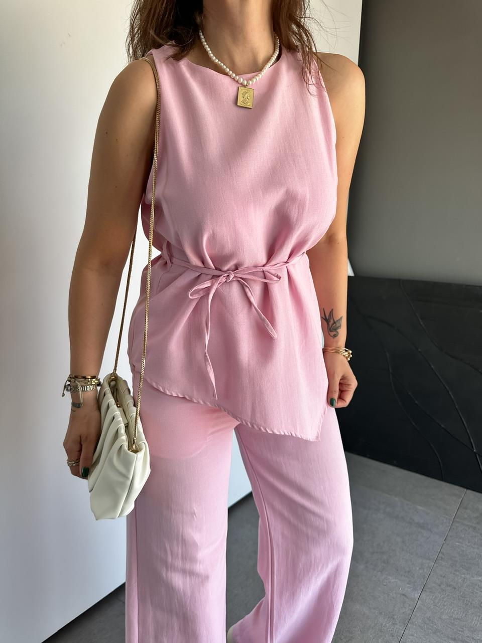 Pembe Asimetrik Bluzlu Keten Takım