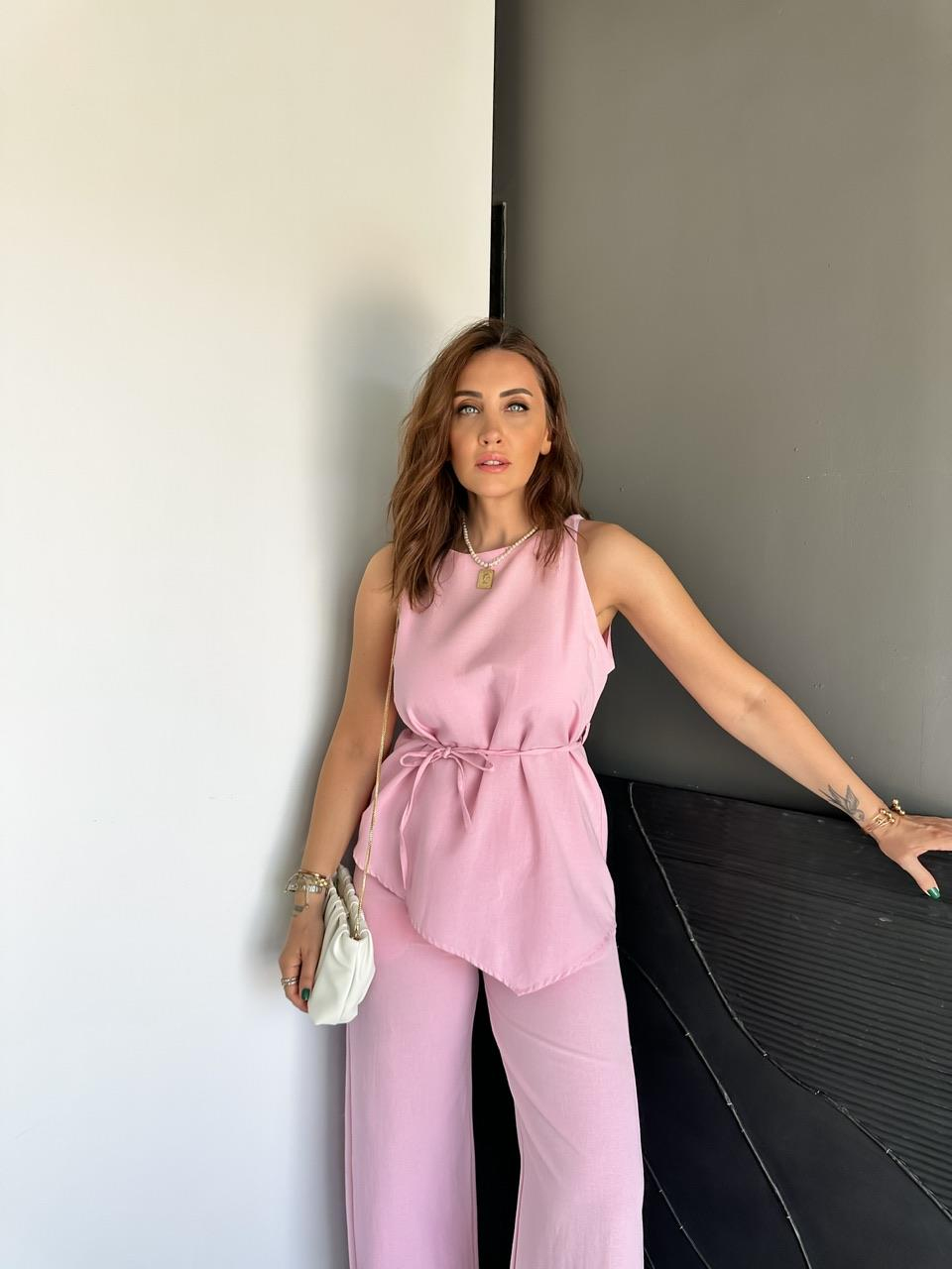 Pembe Asimetrik Bluzlu Keten Takım
