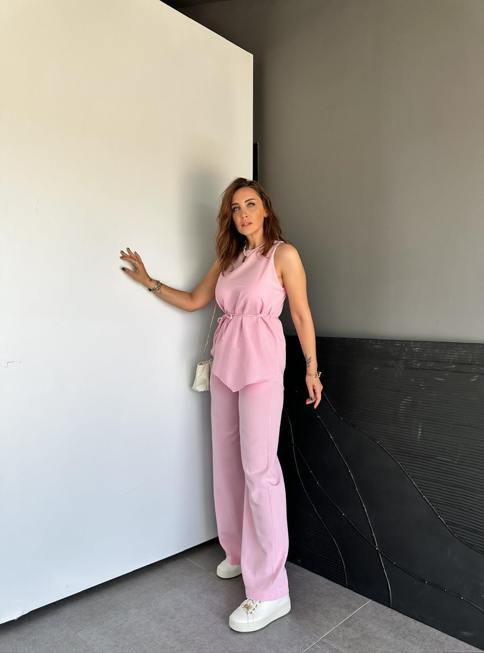 Pembe Asimetrik Bluzlu Keten Takım