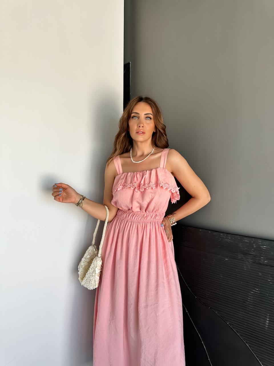 Pembe Askılı Göğüsü Fistolu Elbise