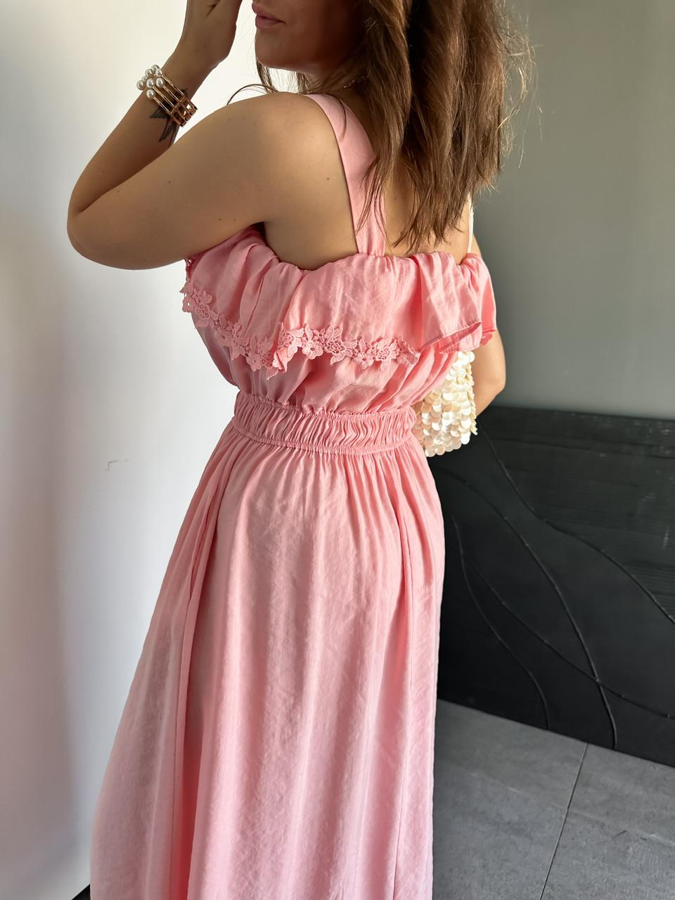 Pembe Askılı Göğüsü Fistolu Elbise