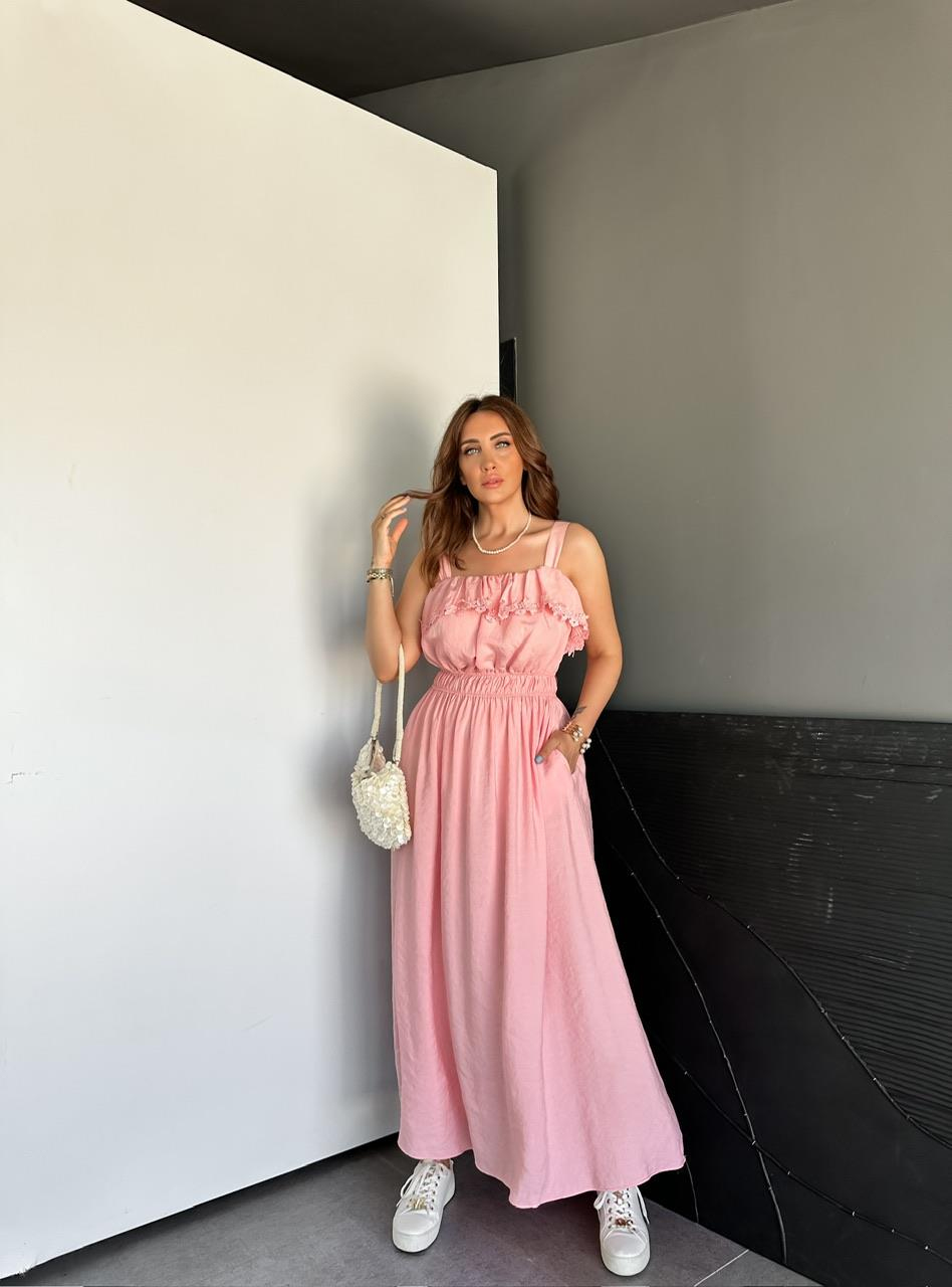 Pembe Askılı Göğüsü Fistolu Elbise