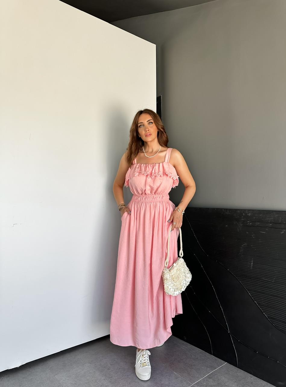 Pembe Askılı Göğüsü Fistolu Elbise