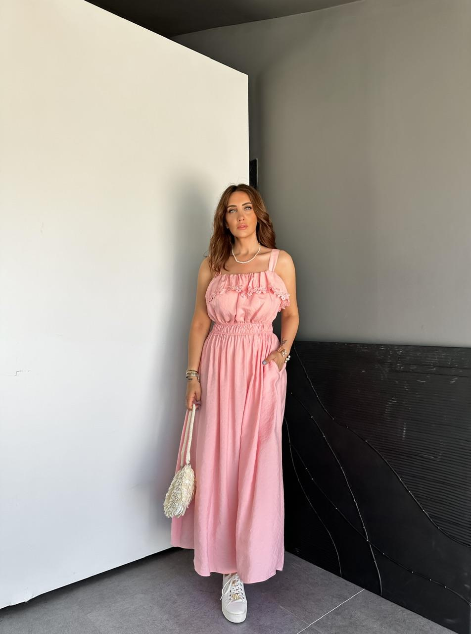 Pembe Askılı Göğüsü Fistolu Elbise