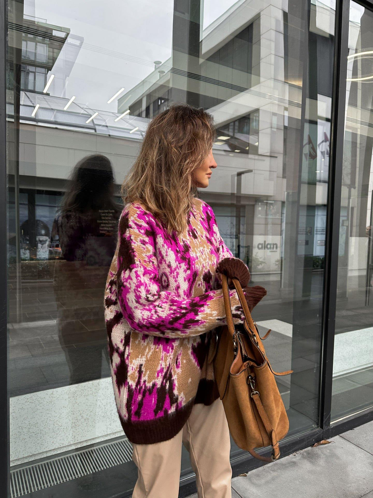 Pembe Batik Desen Balıkçı Yaka Kazak