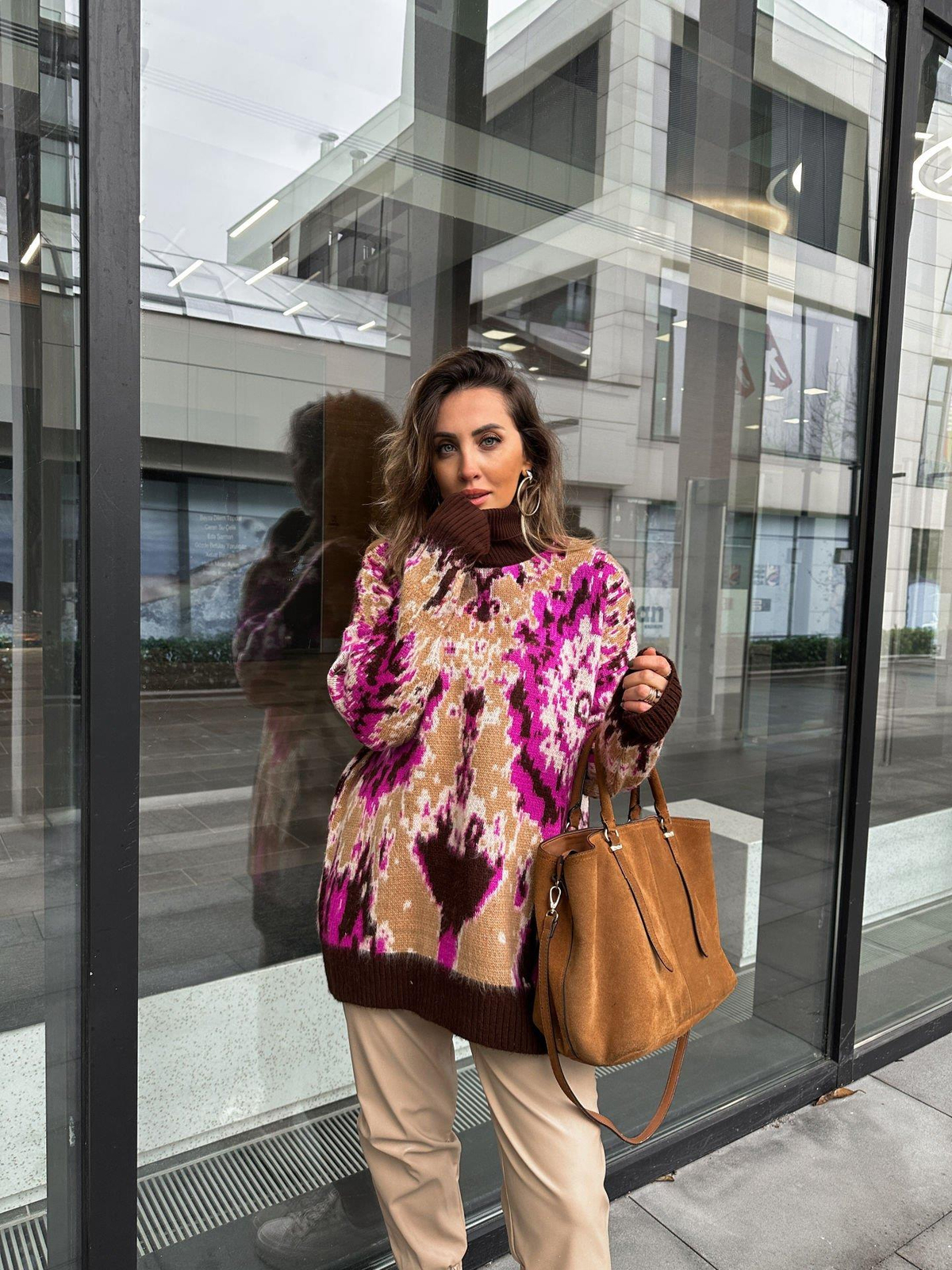 Pembe Batik Desen Balıkçı Yaka Kazak