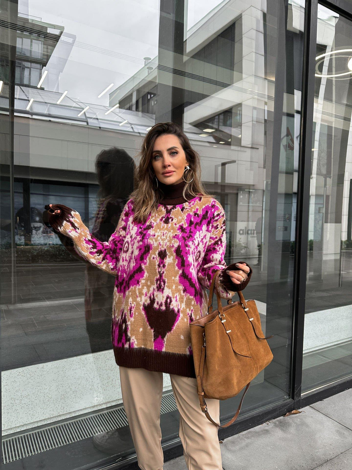 Pembe Batik Desen Balıkçı Yaka Kazak