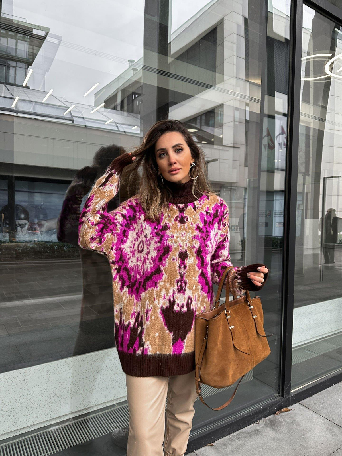Pembe Batik Desen Balıkçı Yaka Kazak