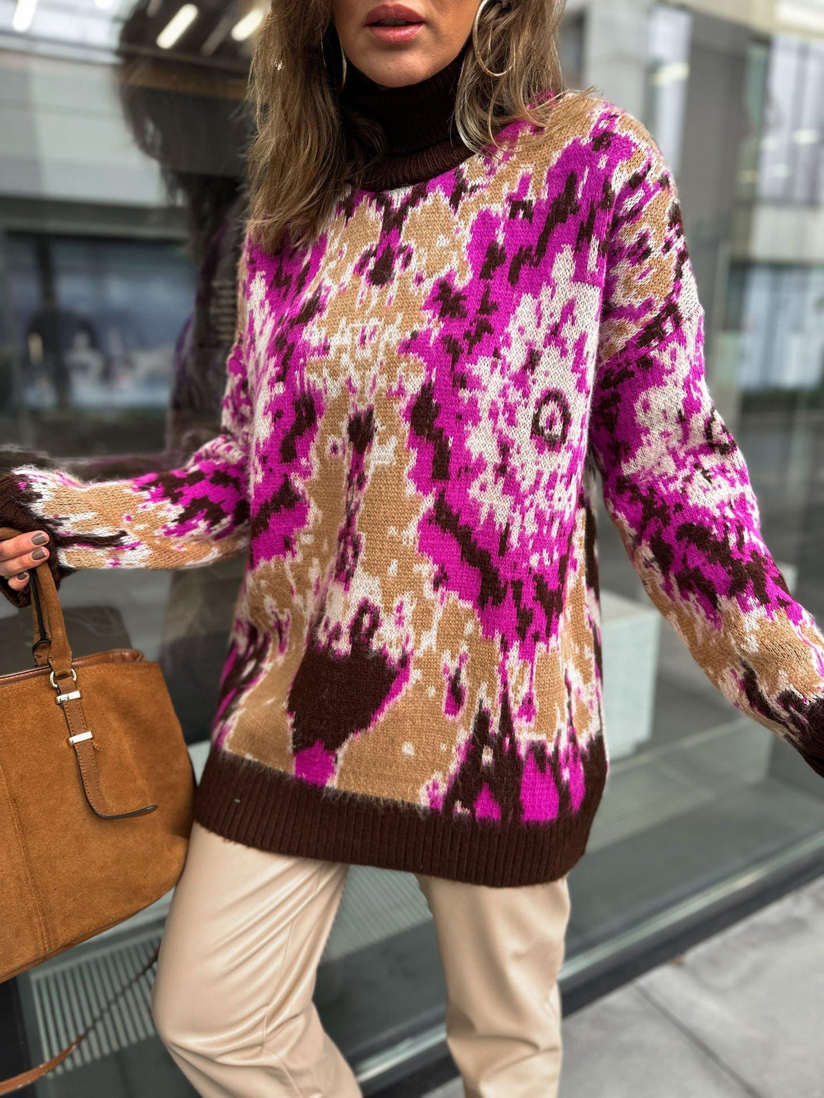Pembe Batik Desen Balıkçı Yaka Kazak