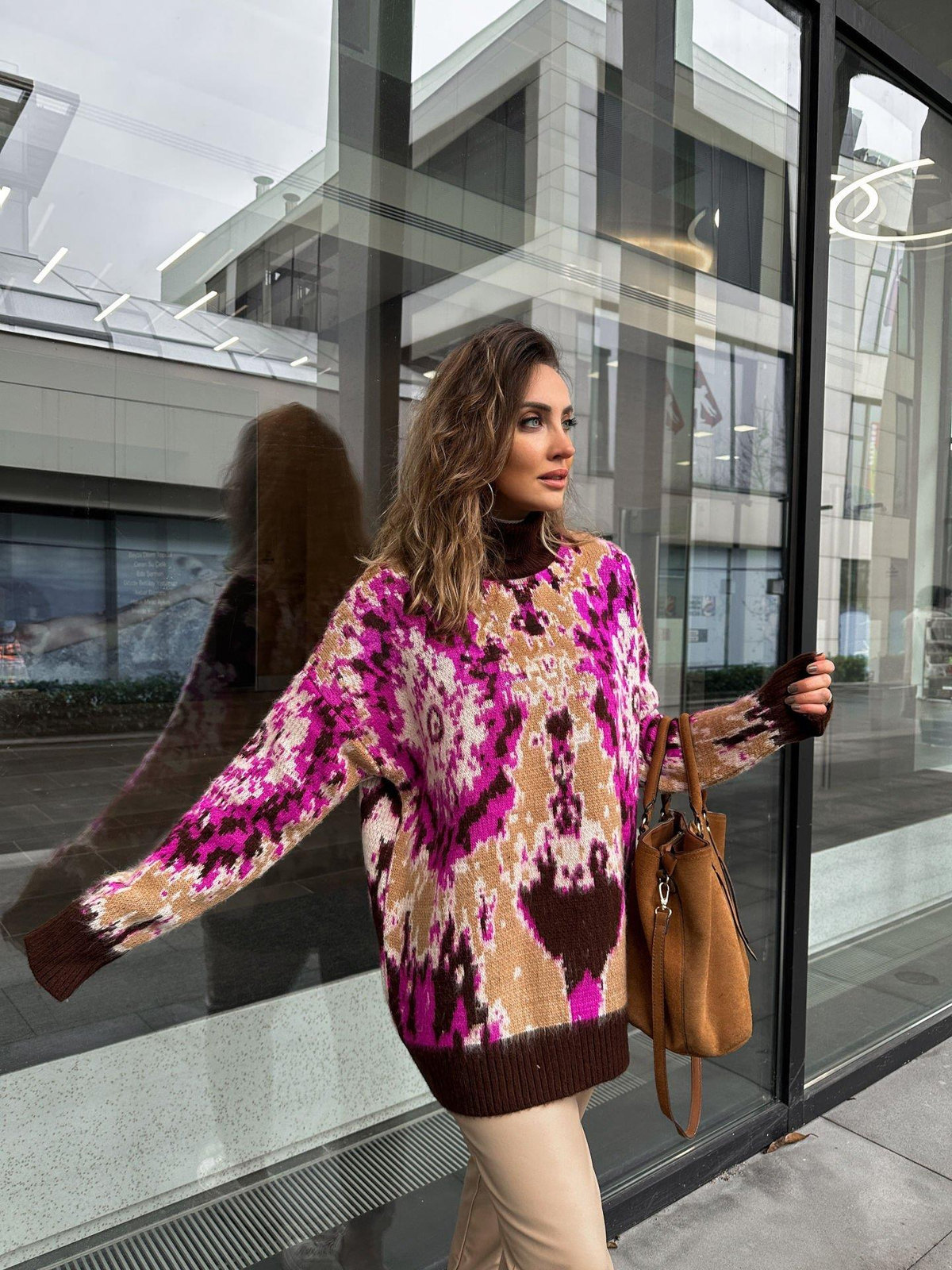 Pembe Batik Desen Balıkçı Yaka Kazak
