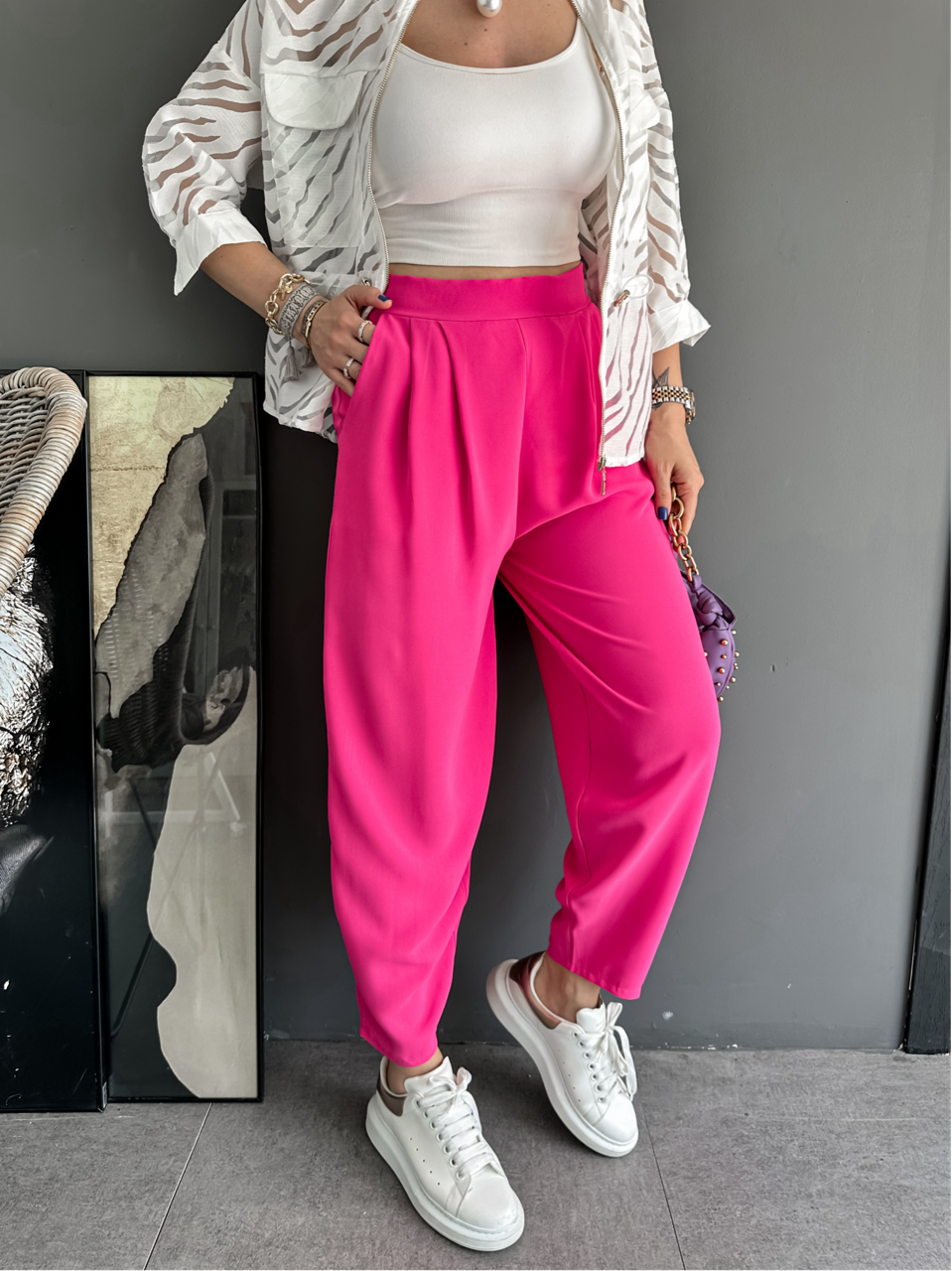 Pembe Beli Lastikli Pilili Pantolon